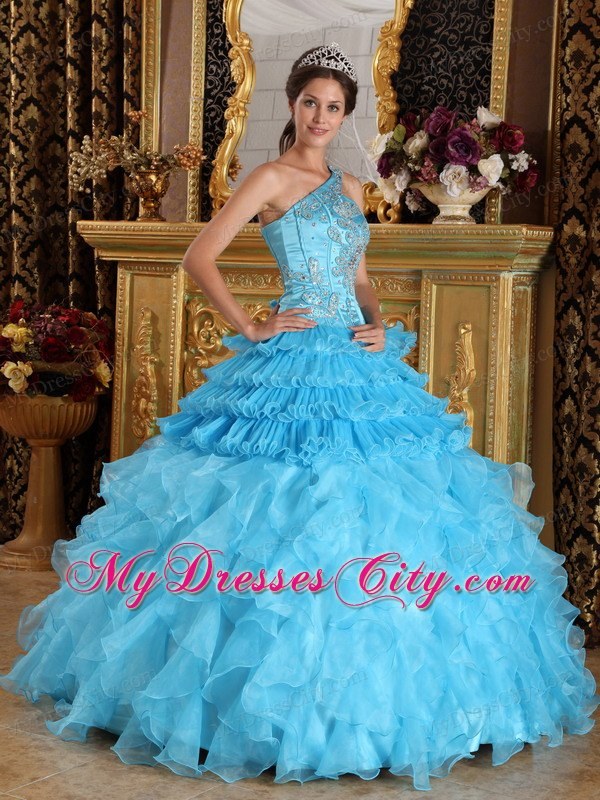 Aqua One Shoulder Satin and Organza Ruffled Quinceanera Dress