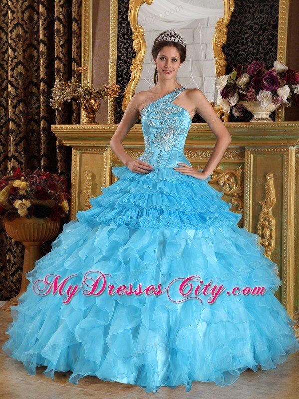 Aqua One Shoulder Satin and Organza Ruffled Quinceanera Dress