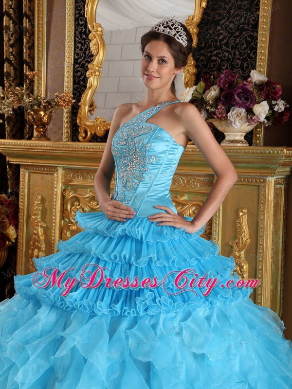 Aqua One Shoulder Satin and Organza Ruffled Quinceanera Dress