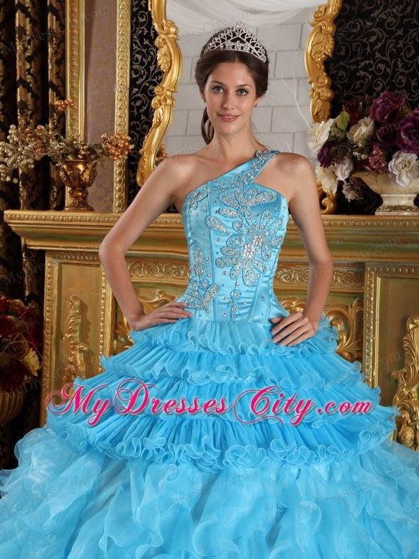 Aqua One Shoulder Satin and Organza Ruffled Quinceanera Dress