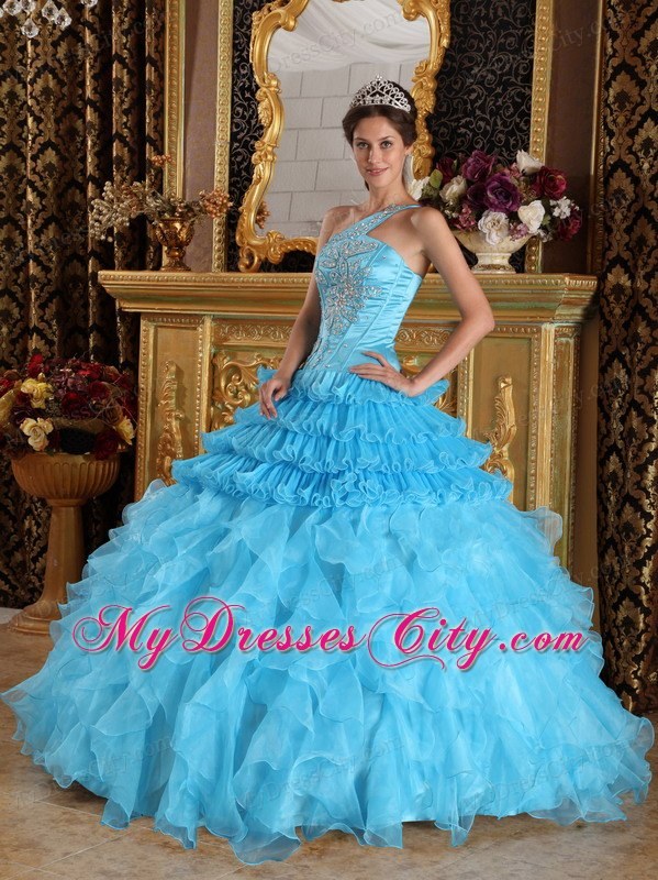 Aqua One Shoulder Satin and Organza Ruffled Quinceanera Dress