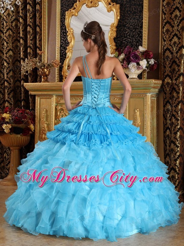 Aqua One Shoulder Satin and Organza Ruffled Quinceanera Dress