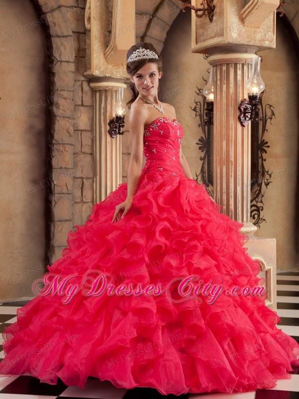 Sweetheart Organza Ruffled Red Dress for Sweet 15 Beaded