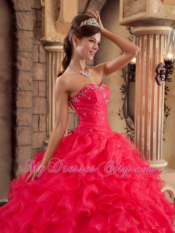 Sweetheart Organza Ruffled Red Dress for Sweet 15 Beaded