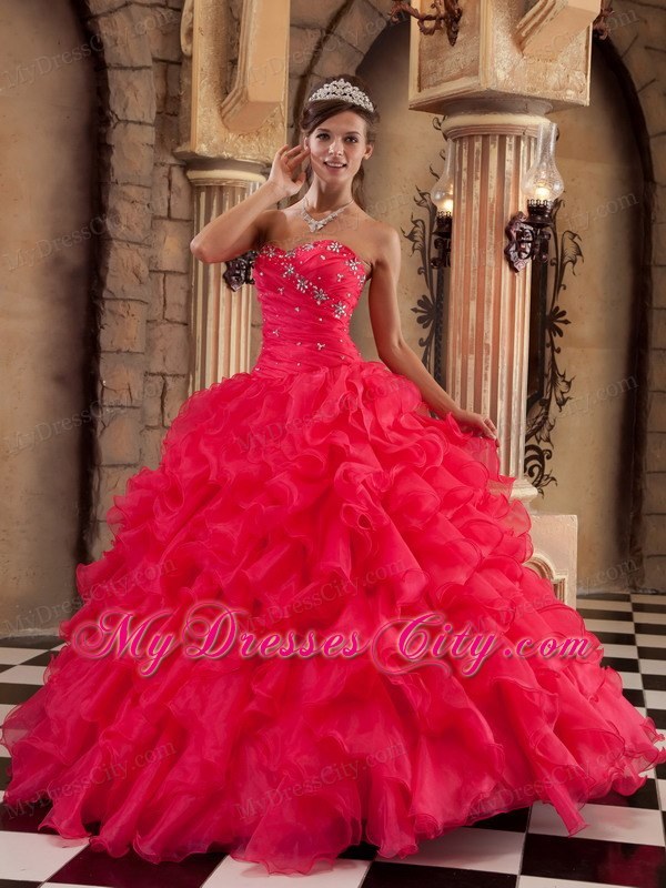 Sweetheart Organza Ruffled Red Dress for Sweet 15 Beaded