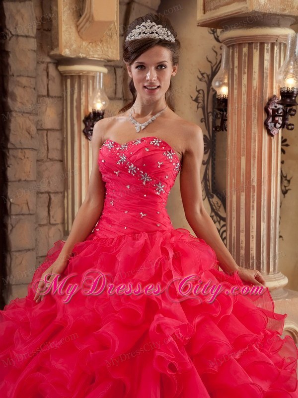 Sweetheart Organza Ruffled Red Dress for Sweet 15 Beaded