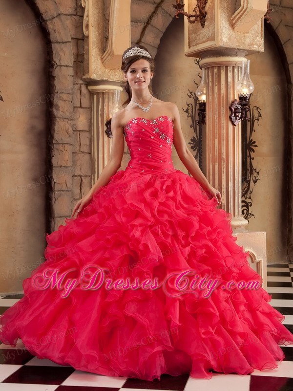 Sweetheart Organza Ruffled Red Dress for Sweet 15 Beaded