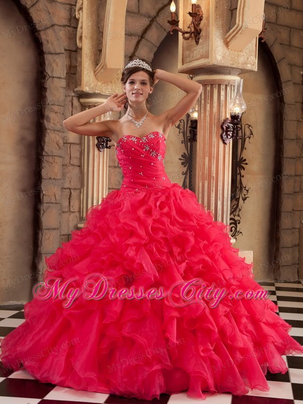 Sweetheart Organza Ruffled Red Dress for Sweet 15 Beaded