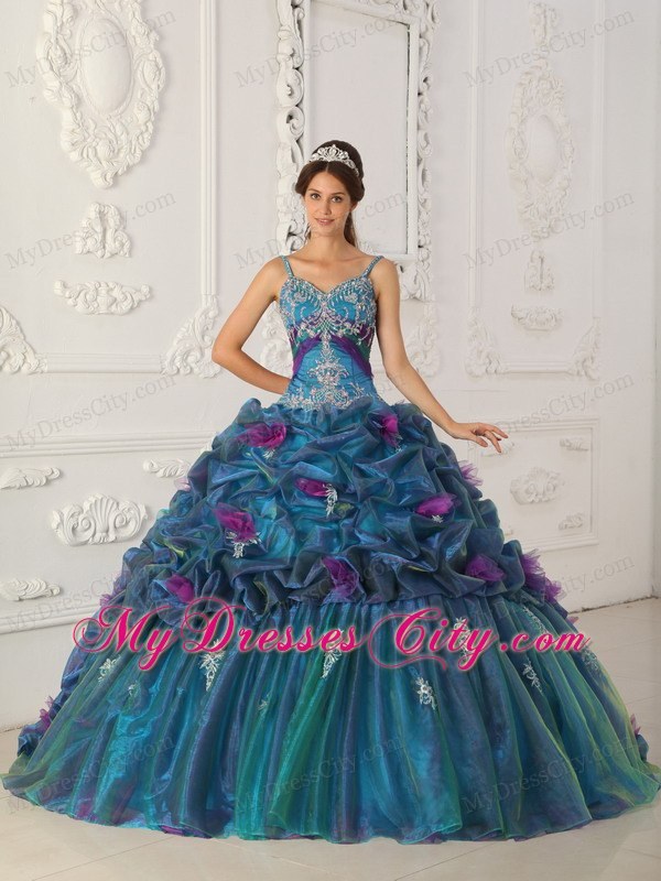 Teal Chapel Train Organza Quinceanera Dress with Straps