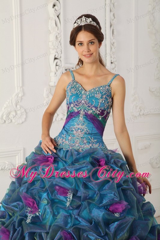 Teal Chapel Train Organza Quinceanera Dress with Straps