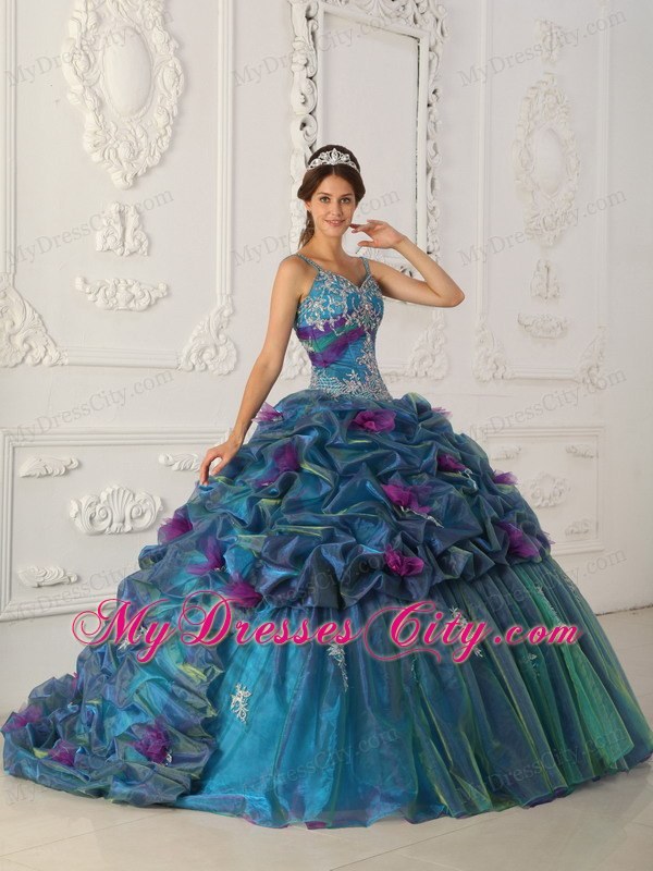 Teal Chapel Train Organza Quinceanera Dress with Straps