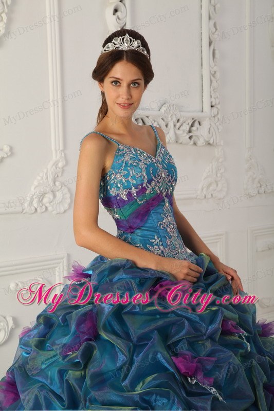 Teal Chapel Train Organza Quinceanera Dress with Straps