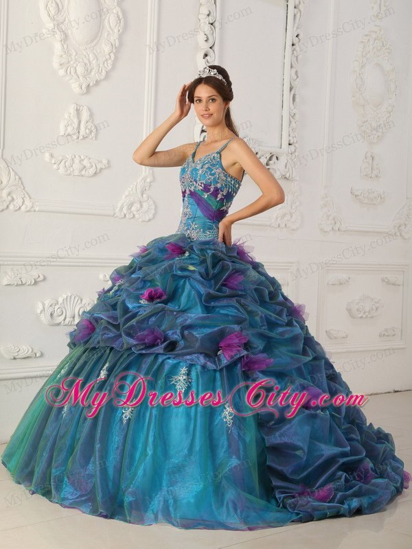 Teal Chapel Train Organza Quinceanera Dress with Straps