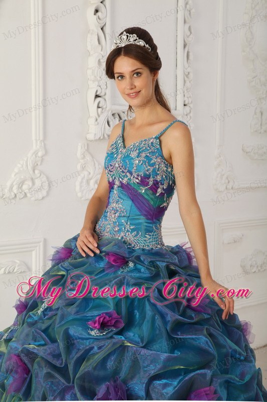 Teal Chapel Train Organza Quinceanera Dress with Straps