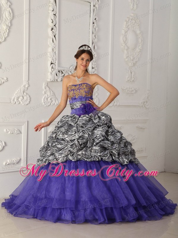 Strapless Zebra Organza Pick-up Purple Quinceanera Dress with Train