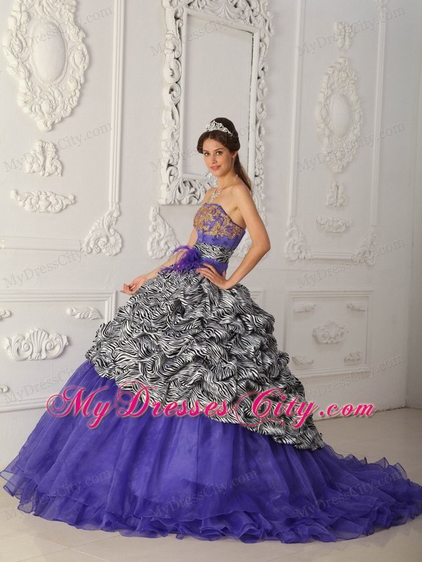 Strapless Zebra Organza Pick-up Purple Quinceanera Dress with Train