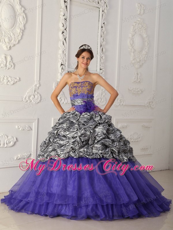 Strapless Zebra Organza Pick-up Purple Quinceanera Dress with Train