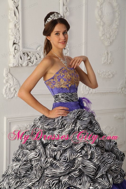 Strapless Zebra Organza Pick-up Purple Quinceanera Dress with Train