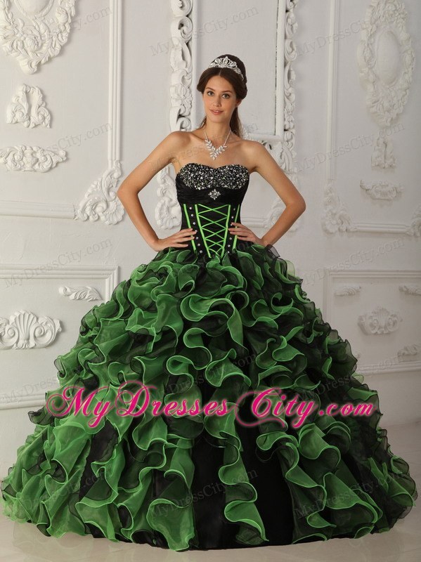 Strapless Beading Ruffles Black and Green 2013 Quinceanera Gowns