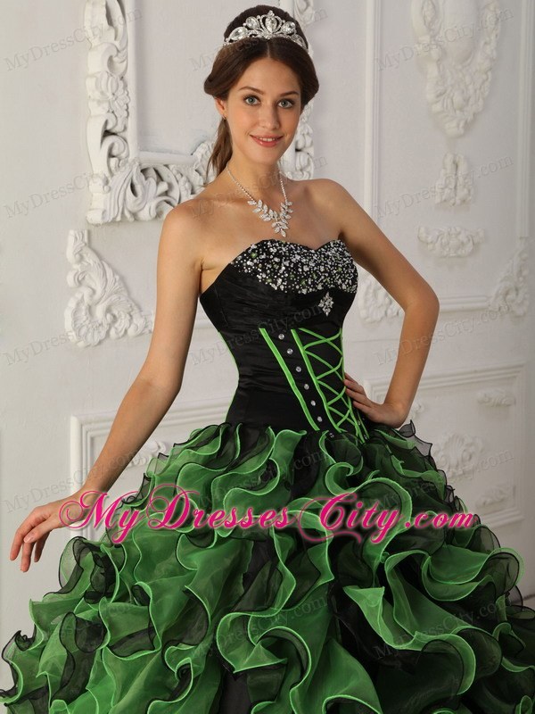 Strapless Beading Ruffles Black and Green 2013 Quinceanera Gowns