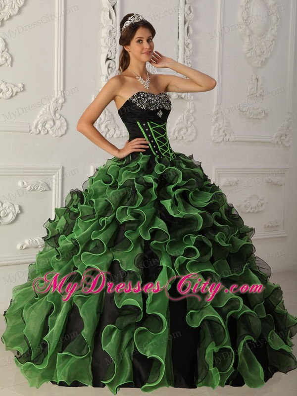 Strapless Beading Ruffles Black and Green 2013 Quinceanera Gowns