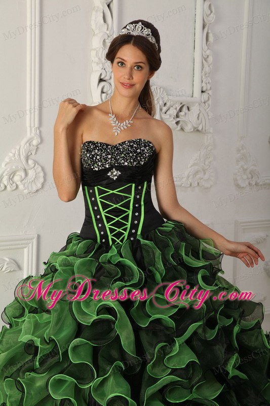 Strapless Beading Ruffles Black and Green 2013 Quinceanera Gowns