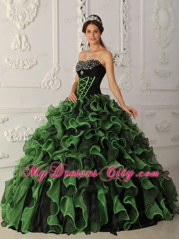 Strapless Beading Ruffles Black and Green 2013 Quinceanera Gowns