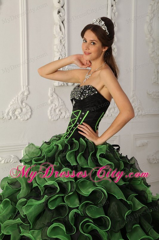 Strapless Beading Ruffles Black and Green 2013 Quinceanera Gowns