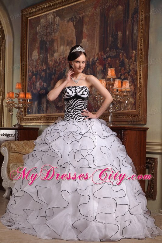 Black and White Strapless Organza Ruffles Zebra Quinceanera Dress 2013