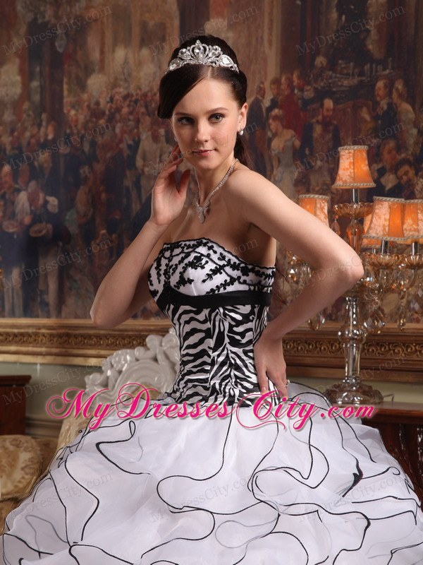 Black and White Strapless Organza Ruffles Zebra Quinceanera Dress 2013