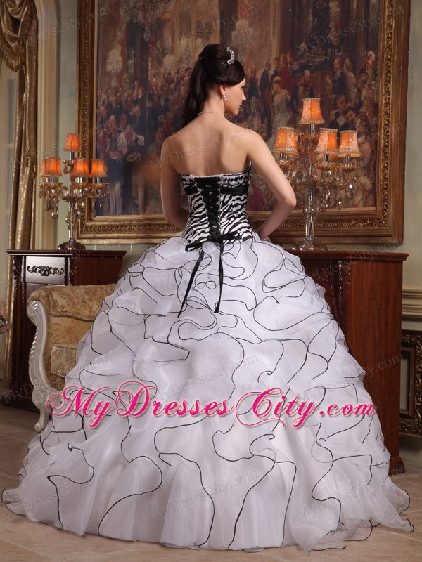 Black and White Strapless Organza Ruffles Zebra Quinceanera Dress 2013