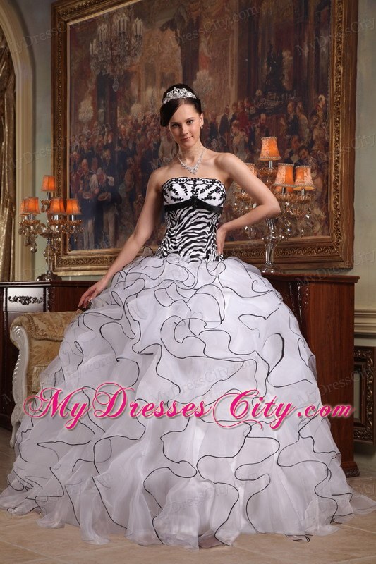 Black and White Strapless Organza Ruffles Zebra Quinceanera Dress 2013