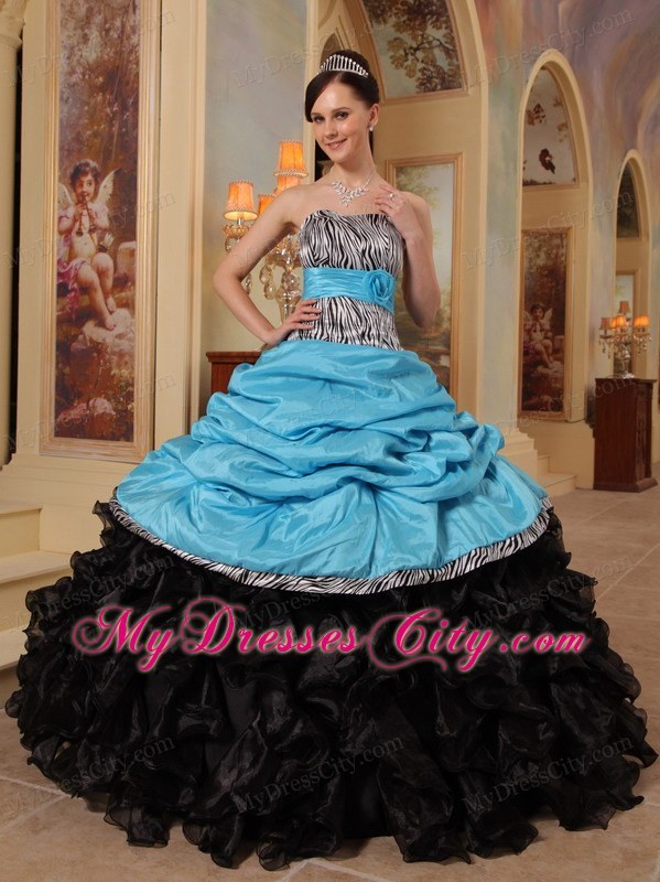 Puffy Zebra Blue and Black 2013 Quinceanera Dresses with Pick Ups