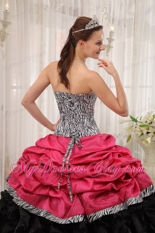 Red and Black Strapless Ruffles Taffeta and Organza Zebra Quinceanera Dress