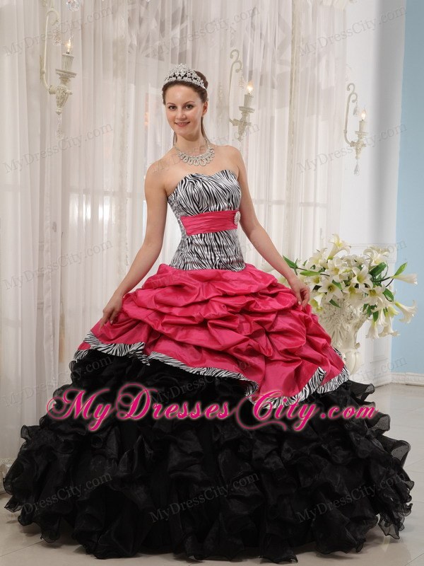 Red and Black Strapless Ruffles Taffeta and Organza Zebra Quinceanera Dress