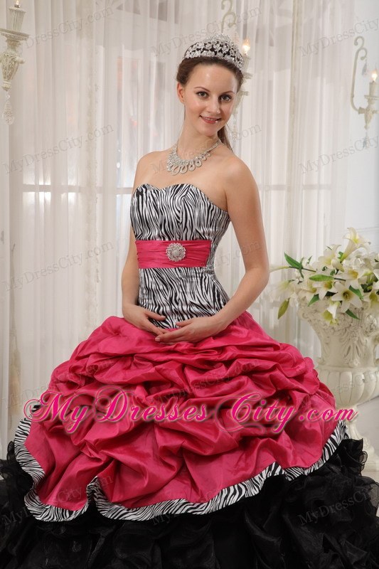 Red and Black Strapless Ruffles Taffeta and Organza Zebra Quinceanera Dress