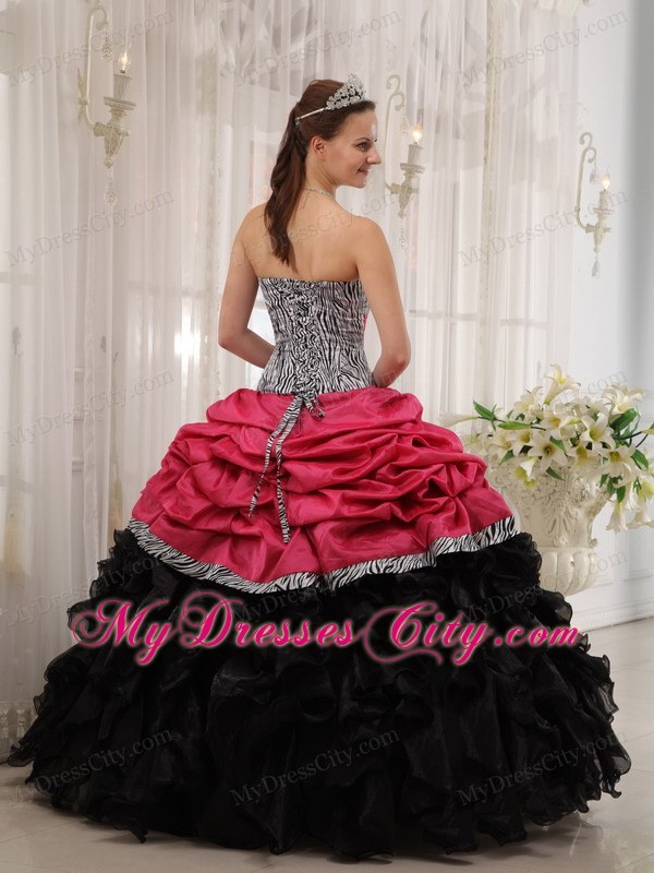 Red and Black Strapless Ruffles Taffeta and Organza Zebra Quinceanera Dress