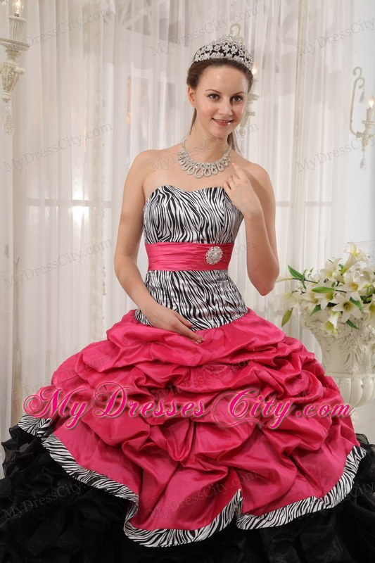 Red and Black Strapless Ruffles Taffeta and Organza Zebra Quinceanera Dress