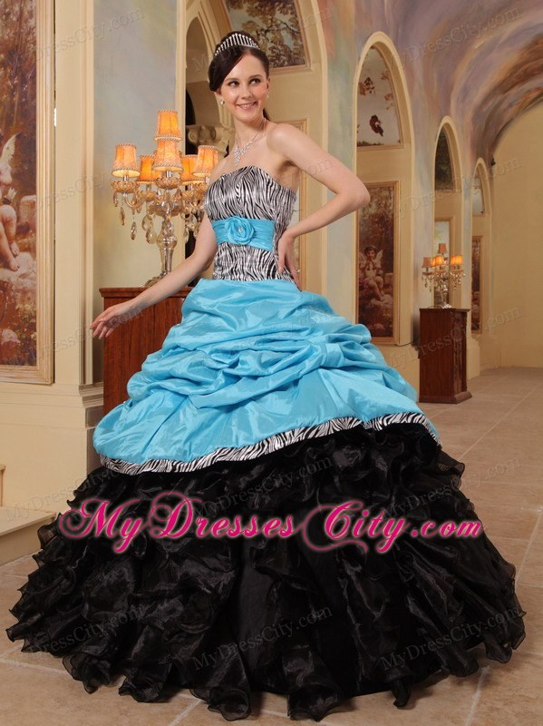 Puffy Zebra Blue and Black 2013 Quinceanera Dresses with Pick Ups