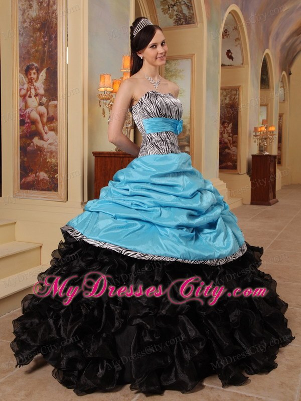 Puffy Zebra Blue and Black 2013 Quinceanera Dresses with Pick Ups