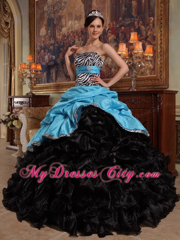 Zebra Strapless Ruffles Blue and Black Quinceanera Dress for Cheap