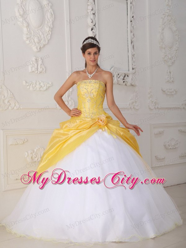 Strapless Taffeta and Tulle Beading Yellow and White Quinceanera Dress