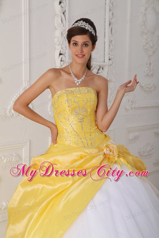 Strapless Taffeta and Tulle Beading Yellow and White Quinceanera Dress