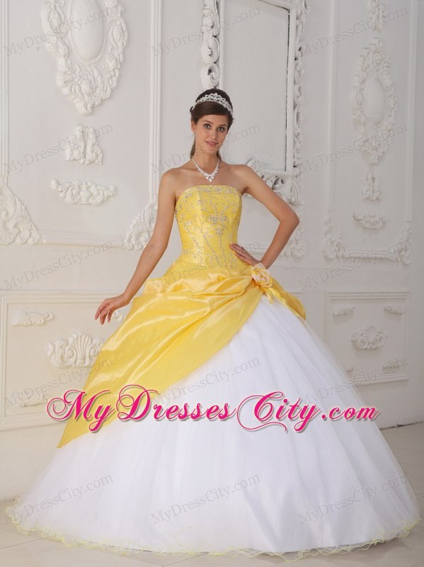 Strapless Taffeta and Tulle Beading Yellow and White Quinceanera Dress