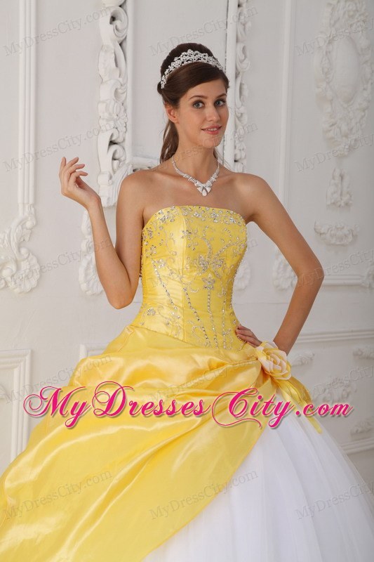 Strapless Taffeta and Tulle Beading Yellow and White Quinceanera Dress