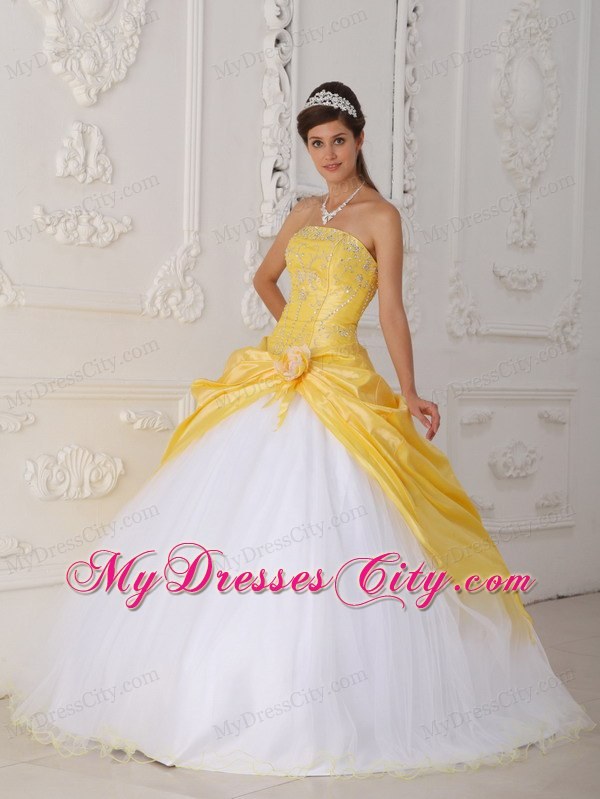 Strapless Taffeta and Tulle Beading Yellow and White Quinceanera Dress