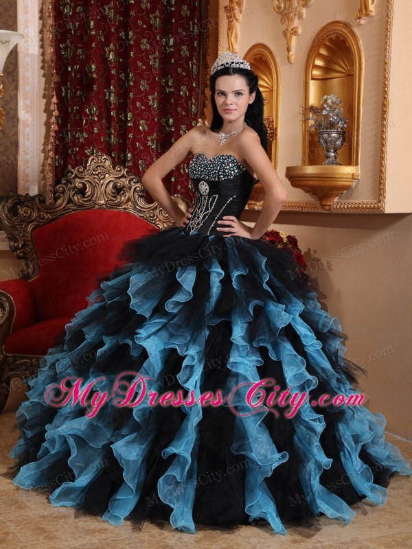 Black and Blue Organza Beading Ruffles 2013 Quinceanera Dress