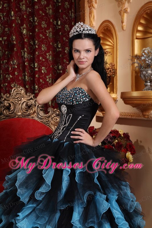 Black and Blue Organza Beading Ruffles 2013 Quinceanera Dress