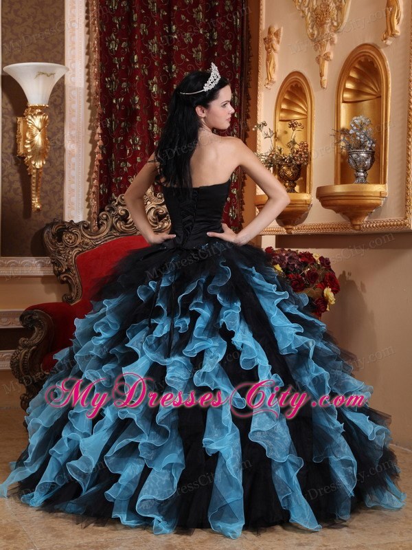 Black and Blue Organza Beading Ruffles 2013 Quinceanera Dress