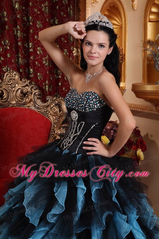 Black and Blue Organza Beading Ruffles 2013 Quinceanera Dress